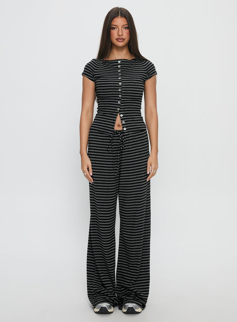 side view of model wearing Princess Polly Gavrielle Jersey Wide Leg Pants Stripe High Rise Pants 