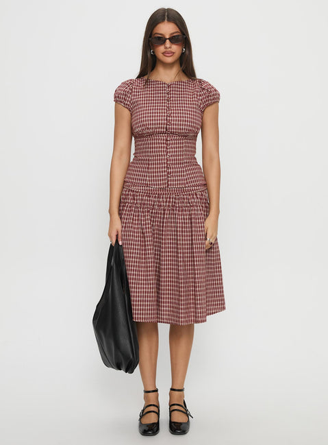  side view of model wearing Princess Polly Alixandra Ruched Midi Skirt Red Check Midi Skirts Skirts 