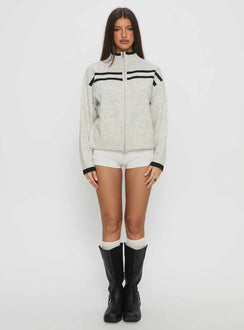 front view of model wearing Princess Polly Overstayed Zip Through Cardigan Grey 