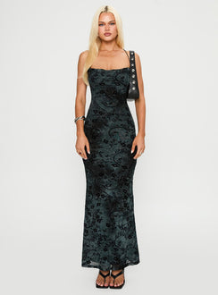 side view of model wearing Princess Polly Giorgiana Maxi Dress Black Cowl Neck 