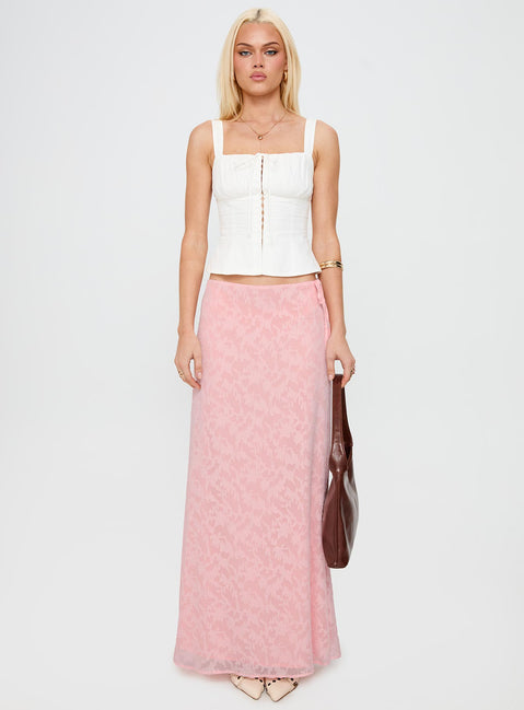   side view of model wearing Princess Polly Youthful Spirit Lace Maxi Skirt Pink Maxi 