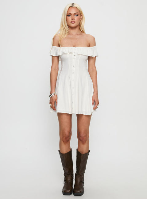 Corail Off Shoulder Frill Mini Dress White