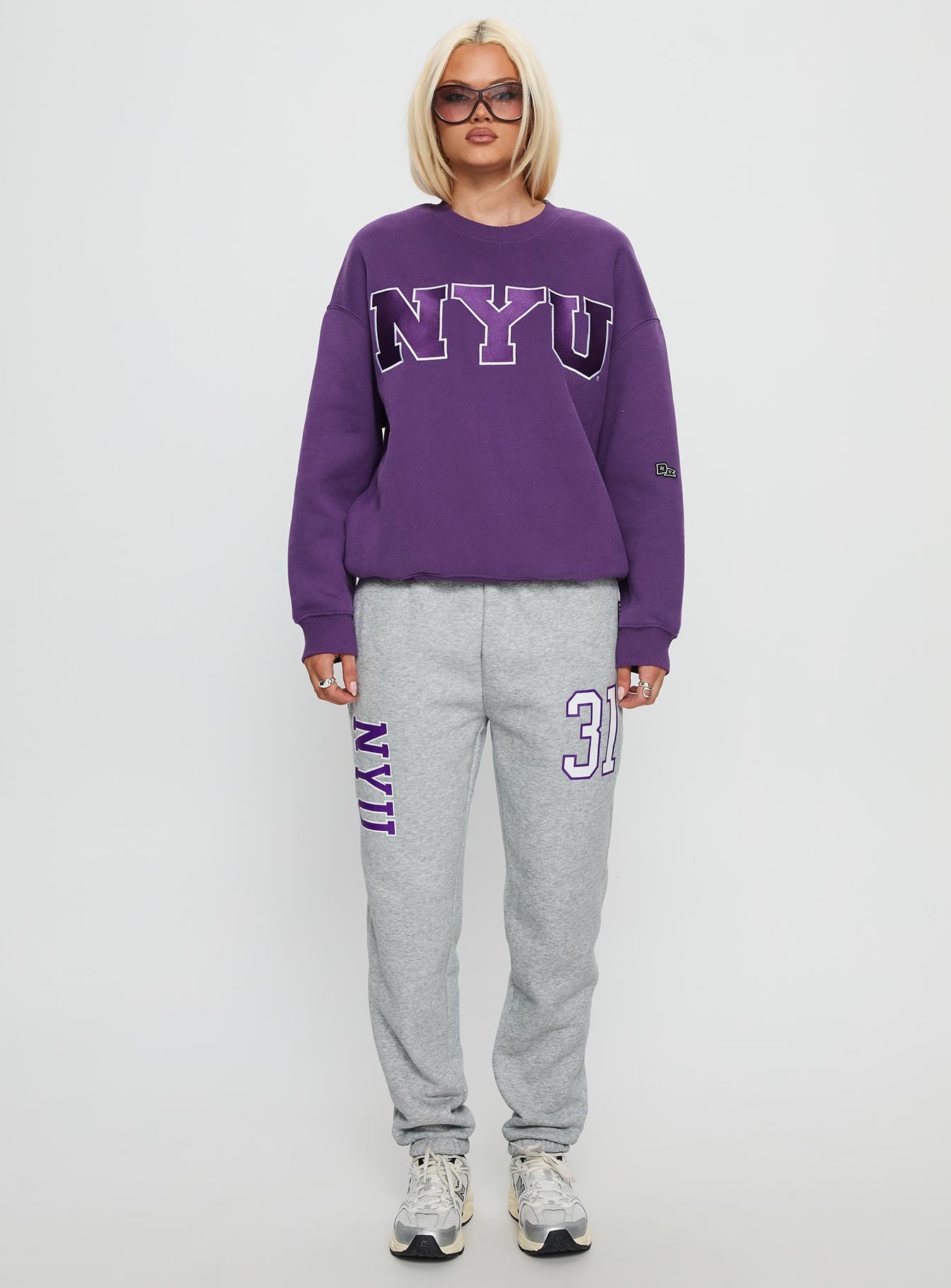 front view of model wearing Princess Polly NYU Offside Crewneck Sweatshirt Purple 