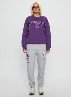 front view of model wearing Princess Polly NYU Offside Crewneck Sweatshirt Purple 
