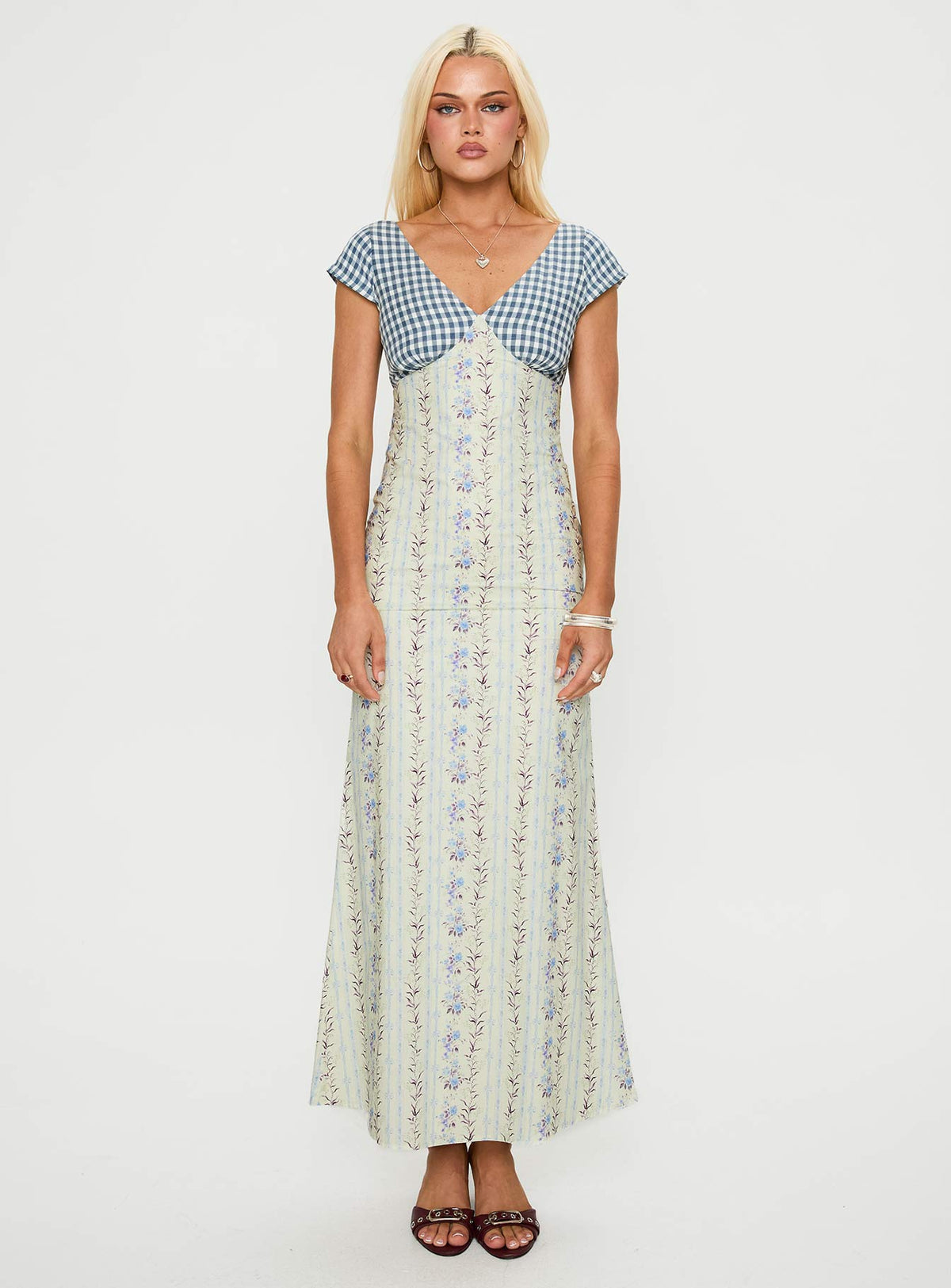 side view of model wearing Princess Polly Saije Maxi Dress Multi Floral V-Neck 