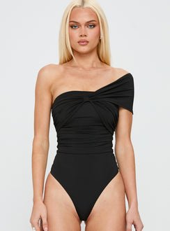 front view of model wearing Princess Polly The Real Thing One Shoulder Bodysuit Black Sleeveless 