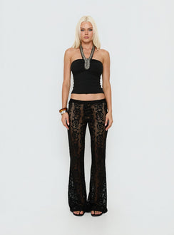 side view of model wearing Princess Polly Rosadonna Lace Flare Pants Black Low Rise Pants 