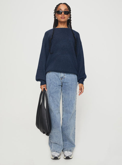 front view of model wearing Princess Polly Ryanna Sweater Navy Cropped 