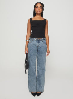 front view of model wearing Princess Polly Sidle Low Rise Jeans Light Wash Low Rise Jeans 