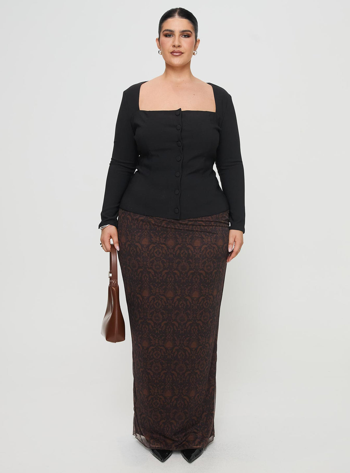 front view of model wearing Princess Polly Gaskin Long Sleeve Top Black Curve Full Sleeves Square Neck 