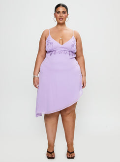 side view of model wearing Princess Polly Secret Gardens Asymmetrical Midi Dress Purple Curve Plunger 