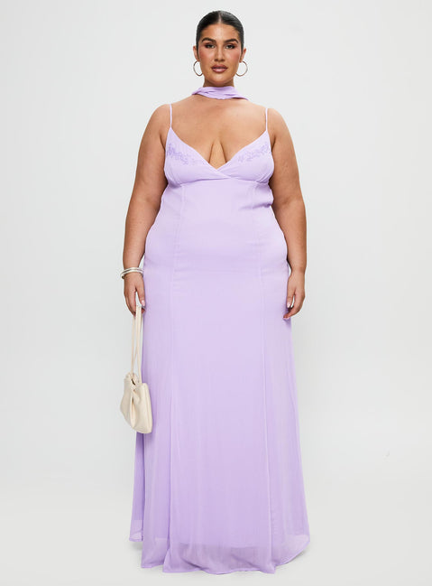 side view of model wearing Princess Polly Jadira Scarf Maxi Dress Purple Curve Plunger 