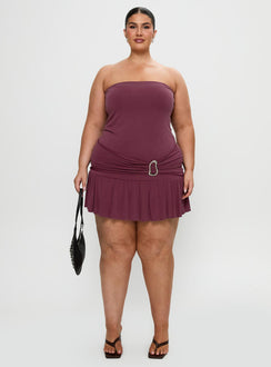 front view of model wearing Princess Polly Love Lingers Strapless Mini Dress Burgundy Curve Straight Neck 