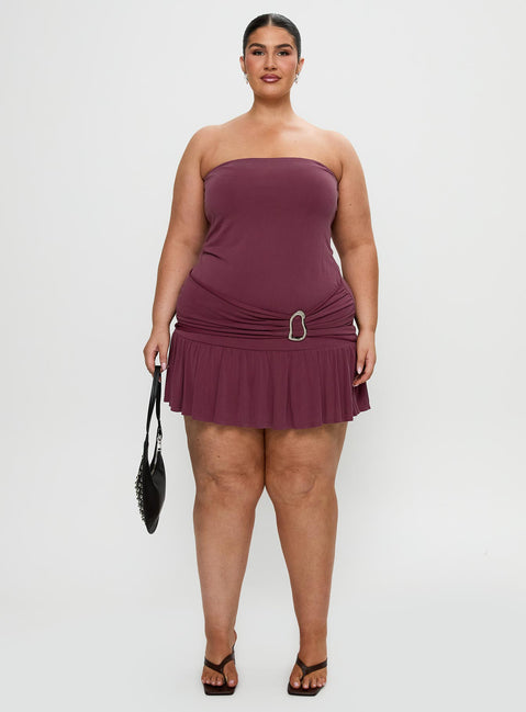 front view of model wearing Princess Polly Love Lingers Strapless Mini Dress Burgundy Curve Straight Neck 