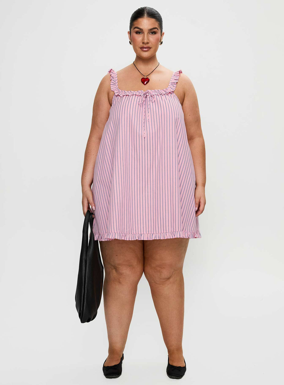 front view of model wearing Princess Polly Zalina Babydoll Mini Dress Pink Stripe Curve Square Neck 