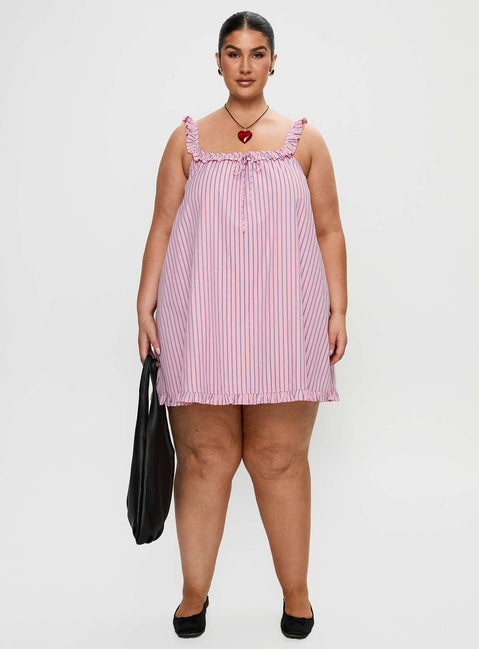 front view of model wearing Princess Polly Zalina Babydoll Mini Dress Pink Stripe Curve Square Neck 