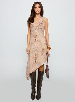 side view of model wearing Princess Polly Zolena Halter Asymmetrical Midi Dress Multi Cowl Neck 