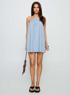 front view of model wearing Princess Polly Moonlit Mini Dress Blue Stripe Asymmetric Neckline 
