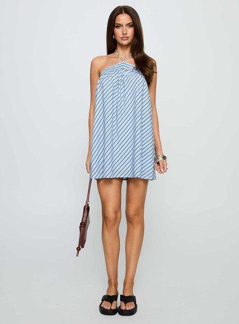 front view of model wearing Princess Polly Moonlit Mini Dress Blue Stripe Asymmetric Neckline 