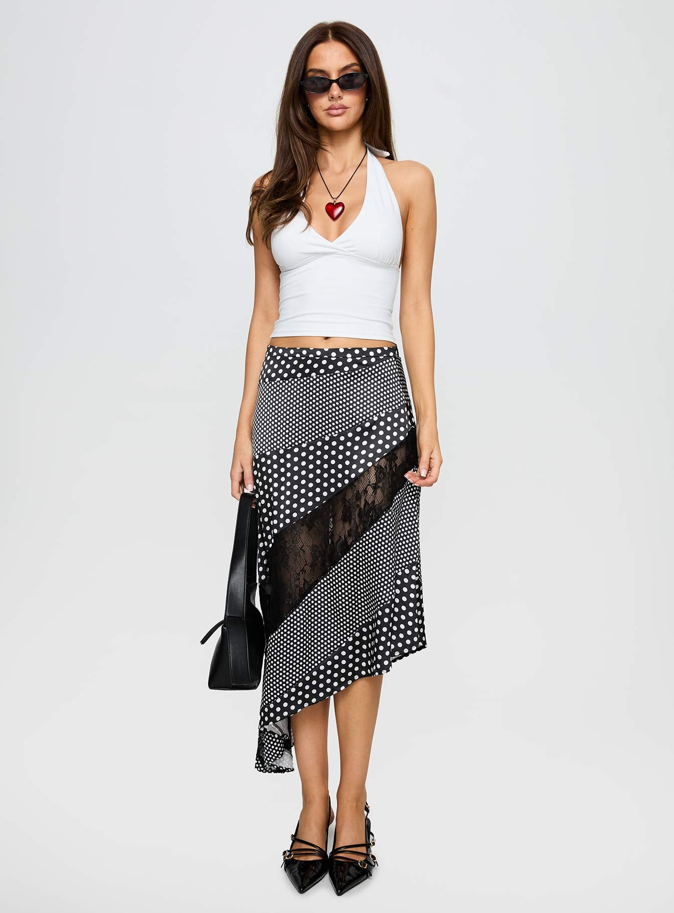   front view of model wearing Princess Polly Midnight Memories Asymmetrical Midi Skirt Black Multi Midi Skirts 