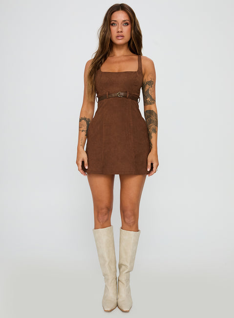 side view of model wearing Princess Polly Way Back In Faux Suede Mini Dress Brown Square Neck 