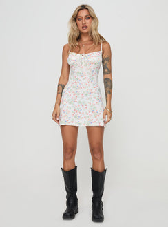 front view of model wearing Princess Polly Ioanna Mini Dress White / Floral Scoop Neck 
