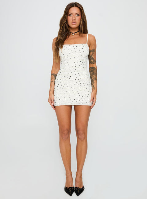 front view of model wearing Princess Polly Gradine Mini Dress Polka Dot Square Neck 