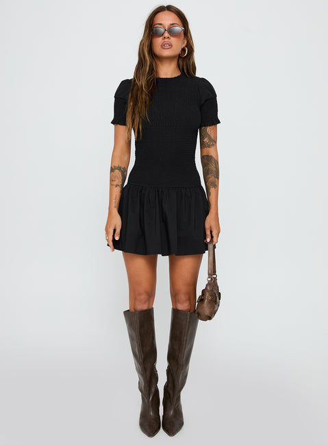 front view of model wearing Princess Polly Laurita Shirred Mini Dress Black High Neck 