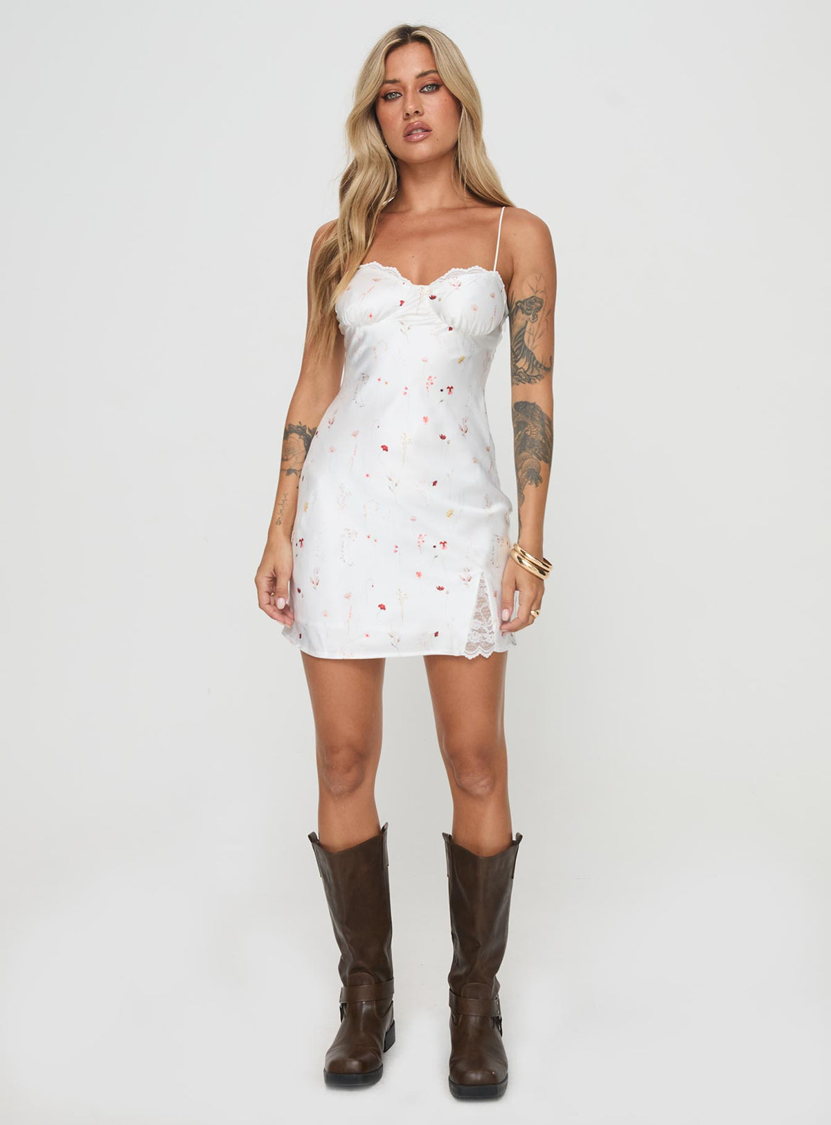 side view of model wearing Princess Polly Snowbird Mini Dress White / Floral Sweetheart Neckline 
