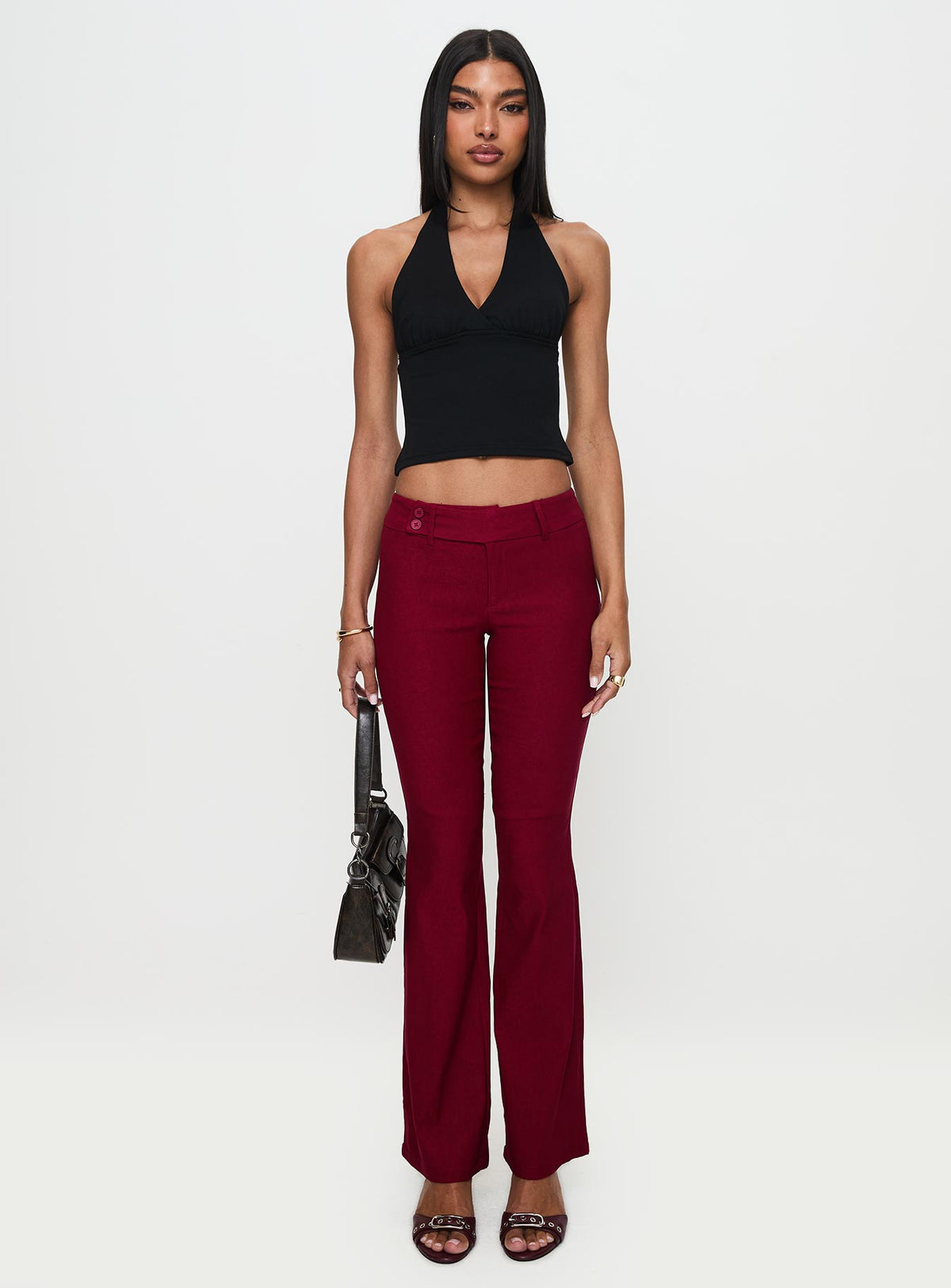 front view of model wearing Princess Polly Kinkirk Flared Pants Burgundy Low Rise Pants Pants 
