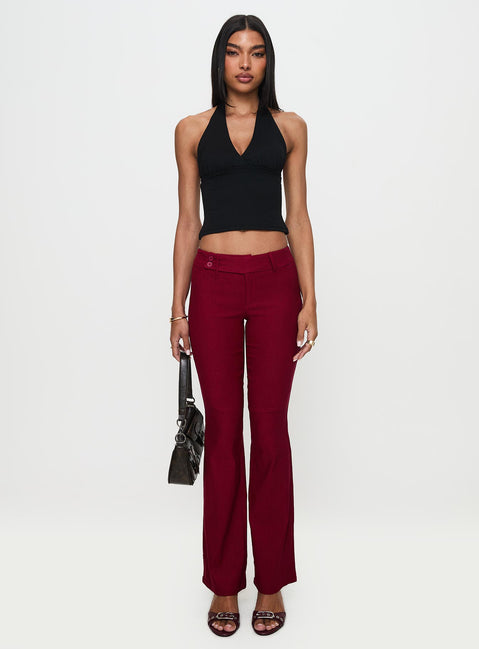 front view of model wearing Princess Polly Kinkirk Flared Pants Burgundy Low Rise Pants Pants 