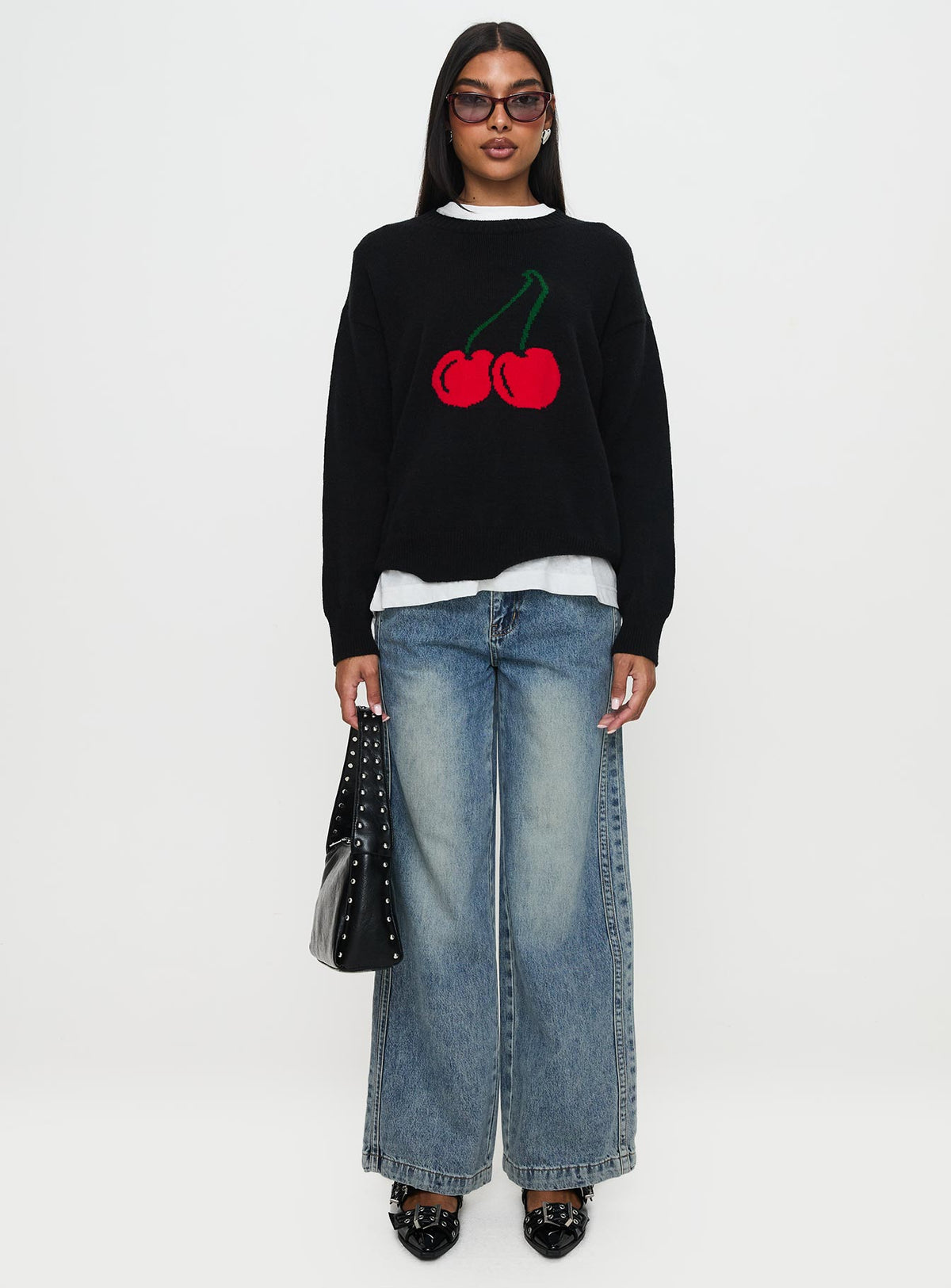 side view of model wearing Princess Polly My Dear Knit Sweater Black Longline Jumpers Jumpers 