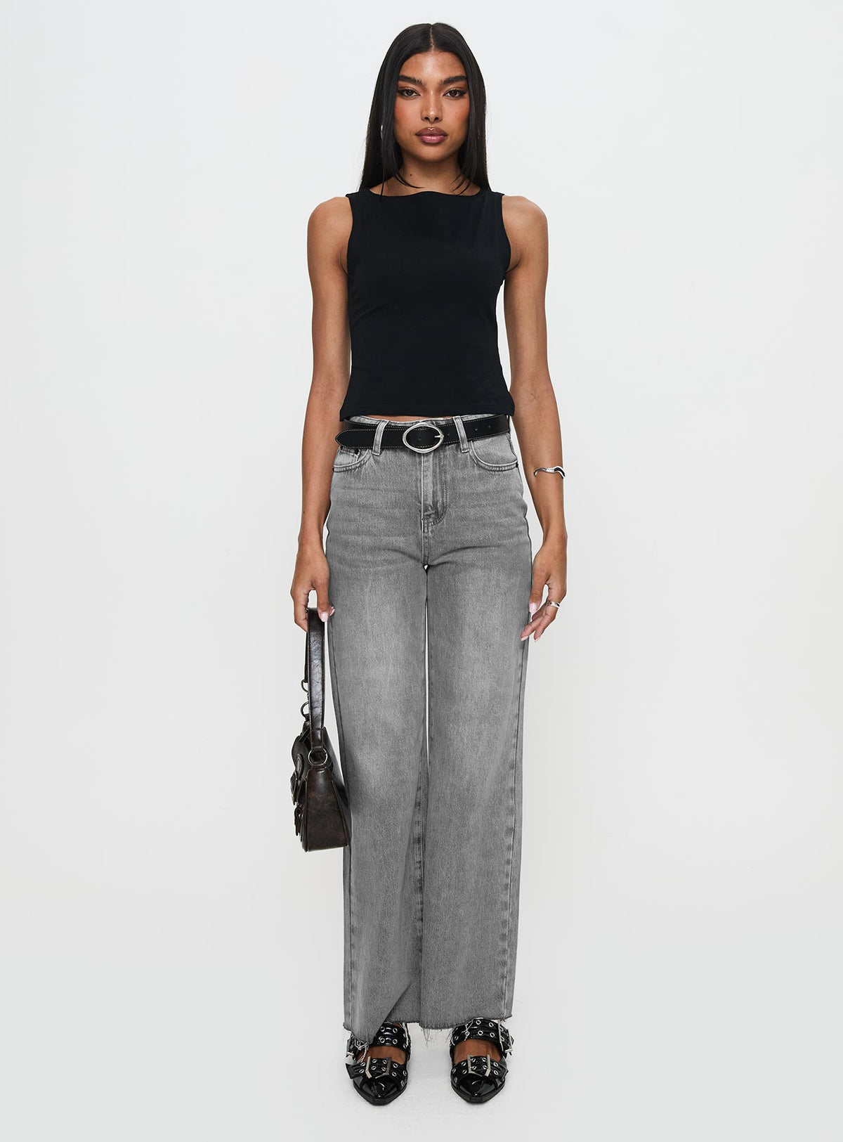front view of model wearing Princess Polly Henesey Raw Hem Jeans Washed Grey High Waisted 