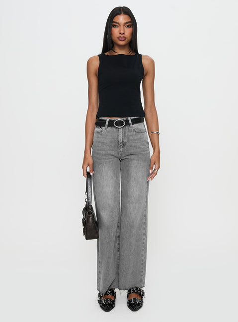 front view of model wearing Princess Polly Henesey Raw Hem Jeans Washed Grey High Waisted 