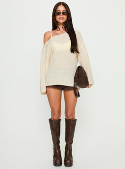 side view of model wearing Princess Polly Delyn Off Shoulder Slouchy Knit Sweater Cream Longline Jumpers 
