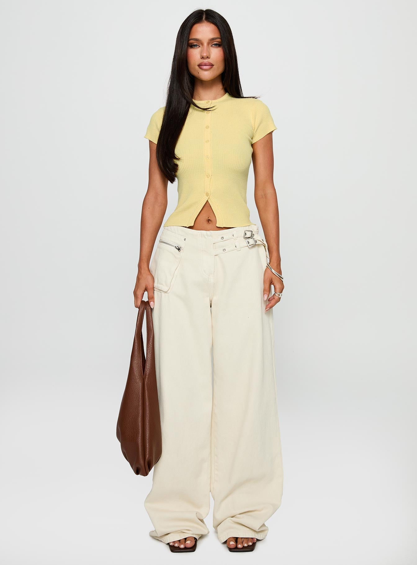 front view of model wearing Princess Polly Suzu Knit Top Lemon Short Sleeves Crew Neck 