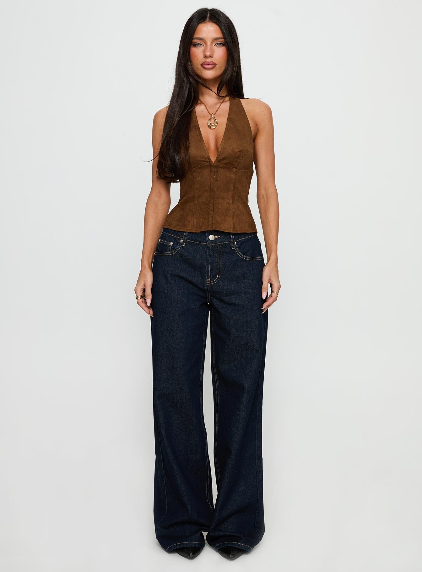 front view of model wearing Princess Polly Favourite Reference Mid Rise Straight Leg Jeans Dark Indigo Mid Rise Jeans 