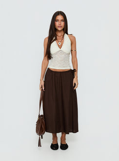   side view of model wearing Princess Polly Persuasion Tie Side Midi Skirt Chocolate Midi Skirts 
