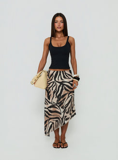 Featuring the Suella Asymmetrical Midi Skirt Zebra in womens-skirts with animal-leopard print and fitted silhouette front view of model wearing Princess Polly