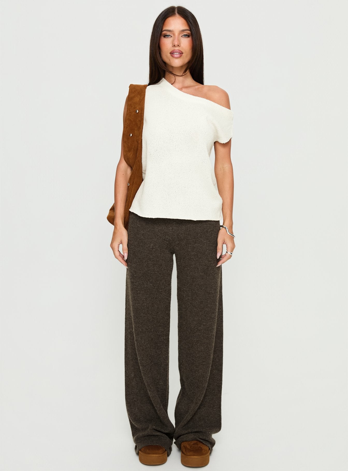 front view of model wearing Princess Polly Karee Knit Pants Brown High Rise Pants 