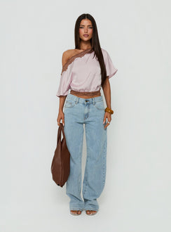 Full Send Off Shoulder Lace Trim Top Pink / Brown