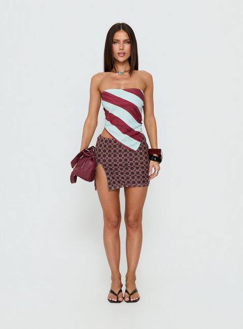 Lailana Tie Back Strapless Scarf Top Burgundy / Blue Stripe