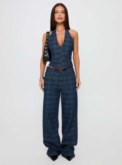 front view of model wearing Princess Polly Top Model Low Rise Straight Leg Jeans Indigo Plaid Mid Rise 