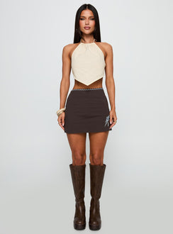 front view of model wearing Princess Polly Just Imagine Tie Back Top Beige Sleeveless Crew Neck 