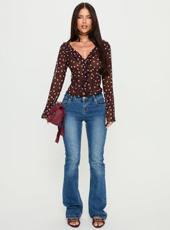 Corazon Sheer Frill Long Sleeve Top Burgundy Polka