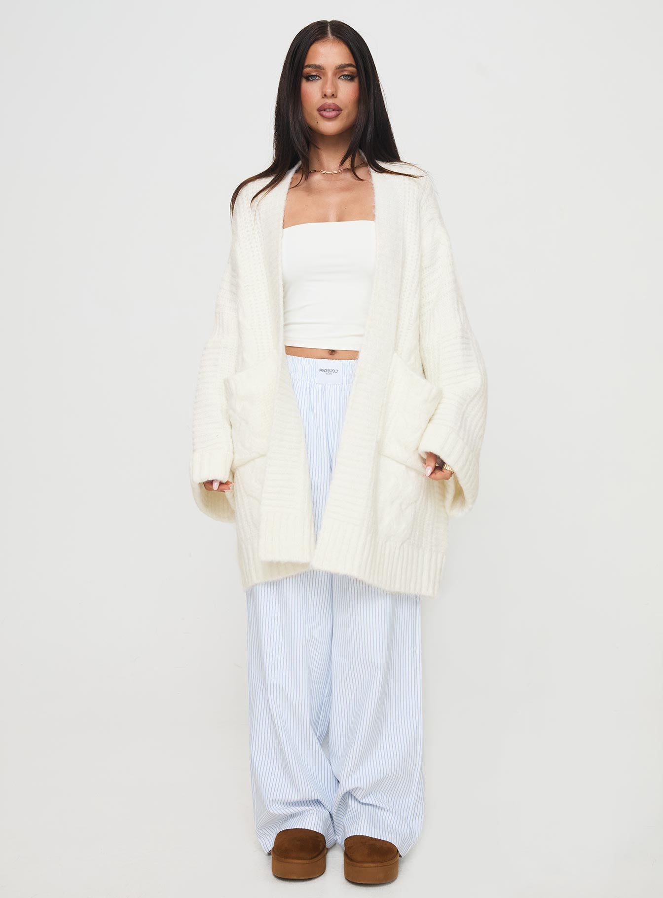 front view of model wearing Princess Polly Paisleigh Cable Knit Cardigan Cream Longline Jumpers Jumpers 