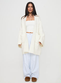front view of model wearing Princess Polly Paisleigh Cable Knit Cardigan Cream Longline Jumpers Jumpers 