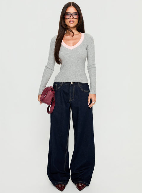 Vanita V Neck Long Sleeve Top Grey / Pink