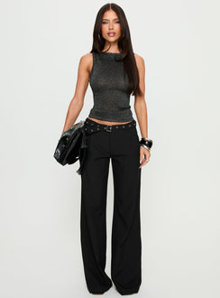 front view of model wearing Princess Polly Deonne Straight Leg Buckle Pants Black Mid Rise Pants 