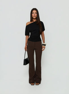 Showcasing the Kinkirk No Waist Flared Pants Chocolate Pinstripe in womens regular pants with mid-rise detail front view of model wearing Princess Polly